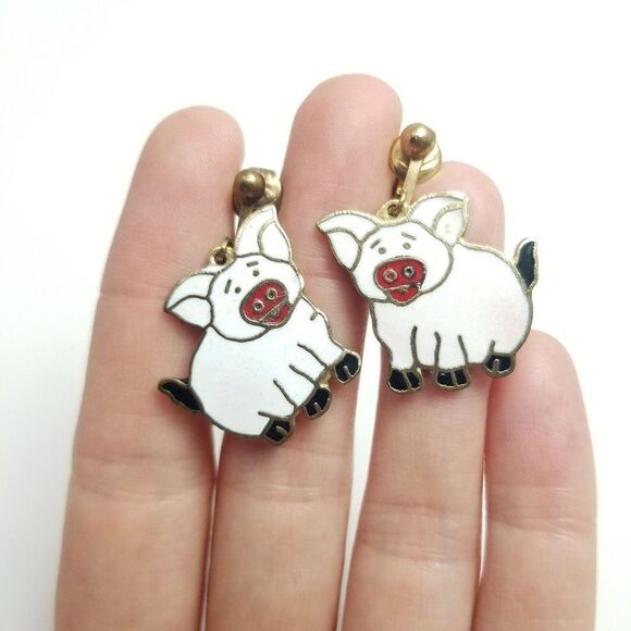 Vintage Pig Dangle Clip On Earrings, White Enamel, Cute Farm Animal - Picture 1 of 6